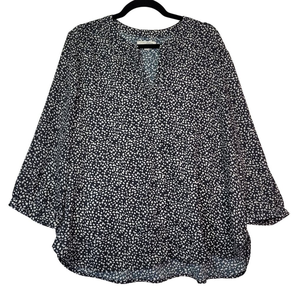 Jachs Girlfriend Women's Printed 3/4 Sleeve Hidden Button Blouse Black X-Large